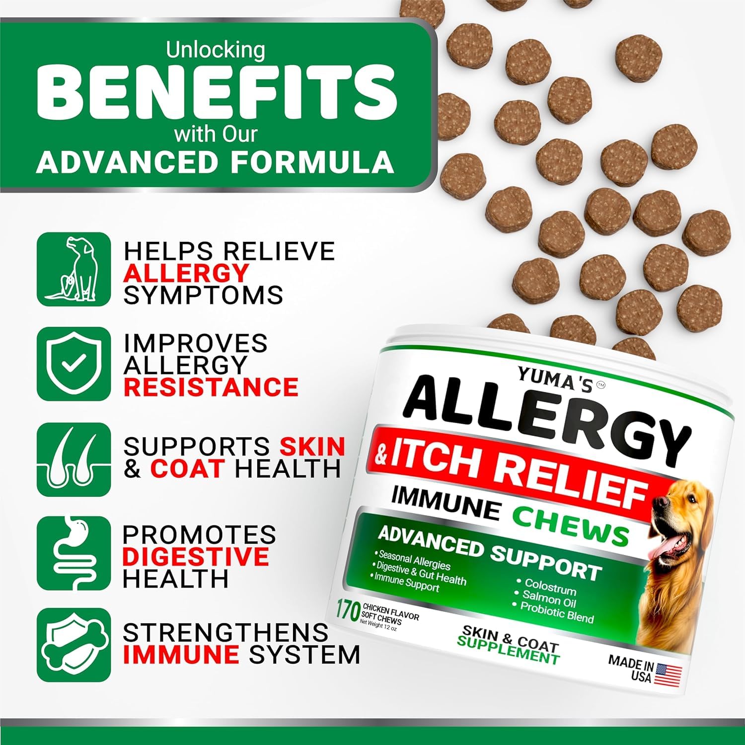YUMA'S dog allergy chews closeup showing chew texture for easy administration