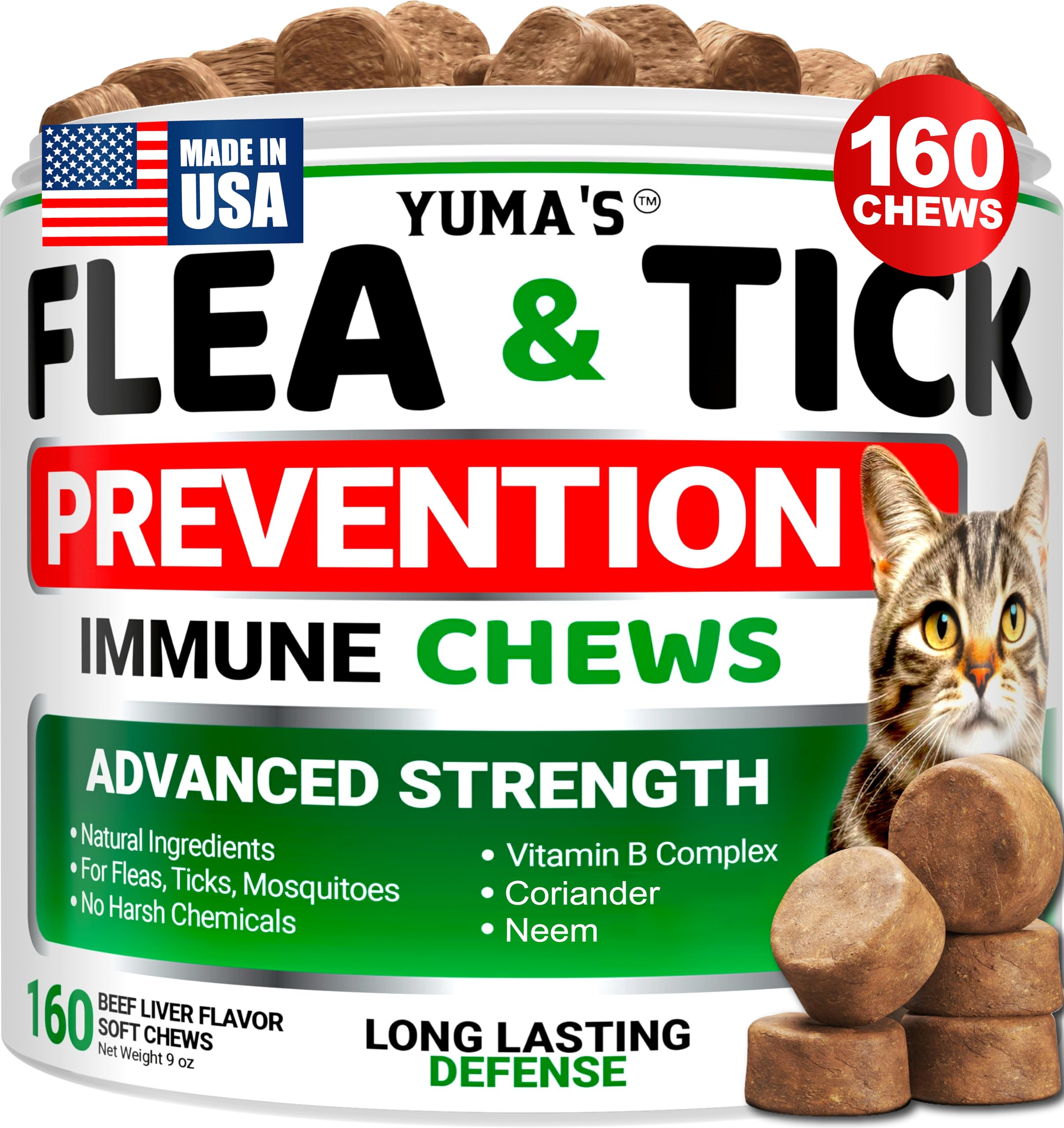 YUMA'S Flea Treatment for Cats bottle with beef liver chews for daily protection.
