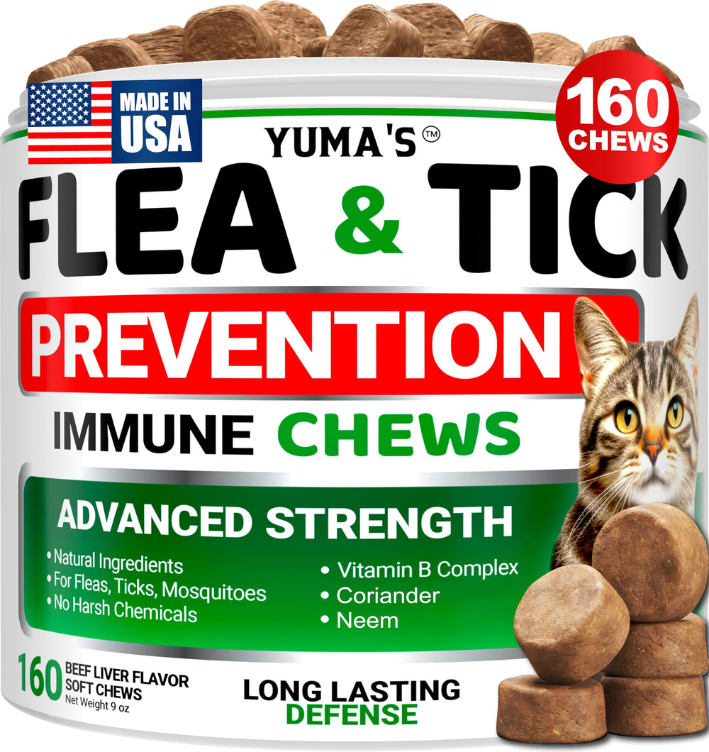YUMA'S Flea Treatment for Cats bottle with beef liver chews for daily protection.