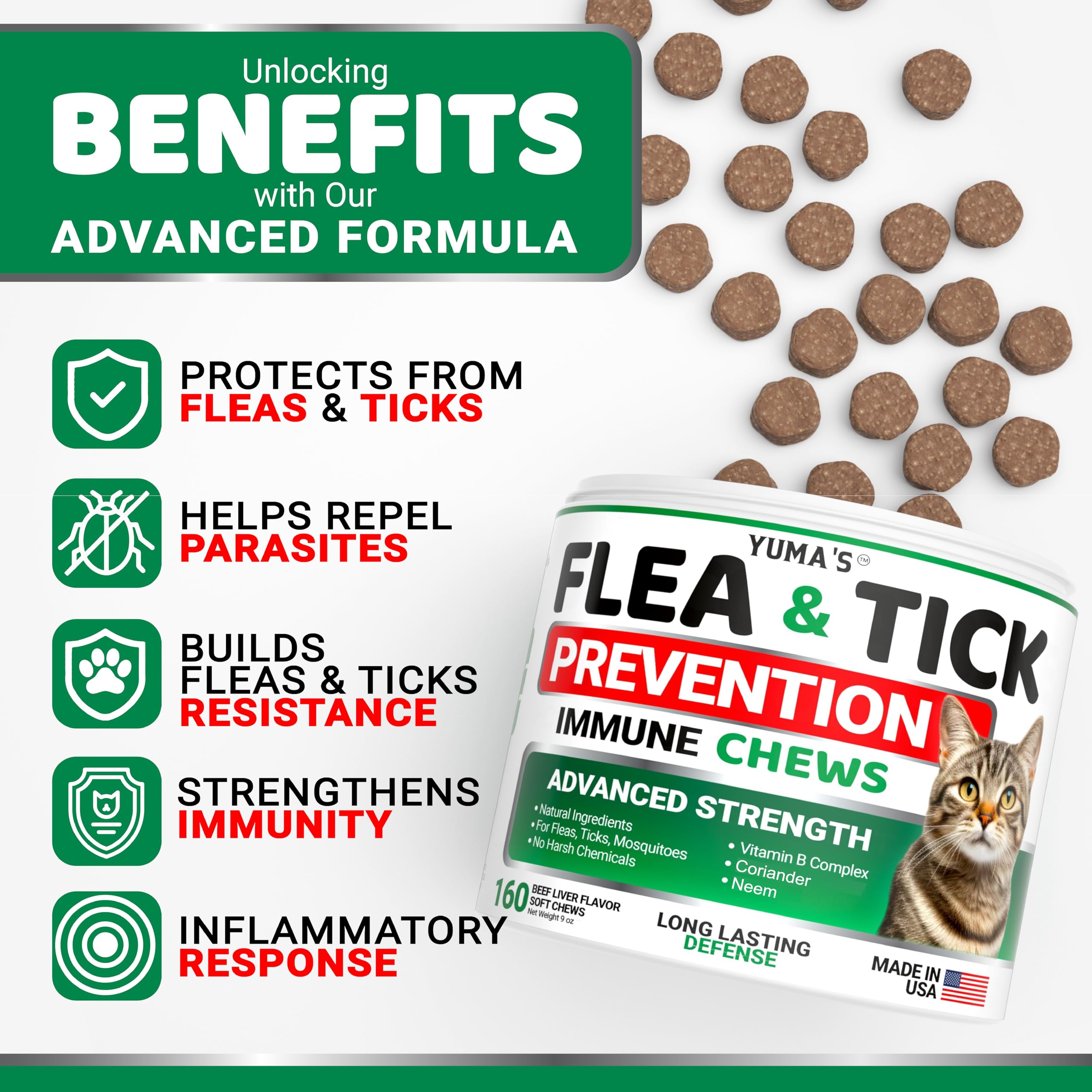 YUMA'S Flea Treatment for Cats tablets neatly stacked for daily dosing.