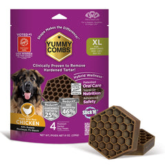 Yummy Combs dog dental treats pack shot highlighting a vet-approved chew for large dogs.