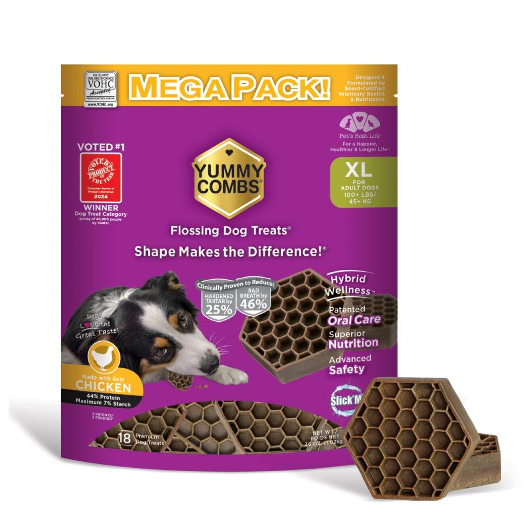 Yummy Combs dog dental treats show a 360-tooth cleaning design for thorough oral care.