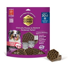Yummy Combs honeycomb package shows a premium dental treat with a 360 cleaning design.