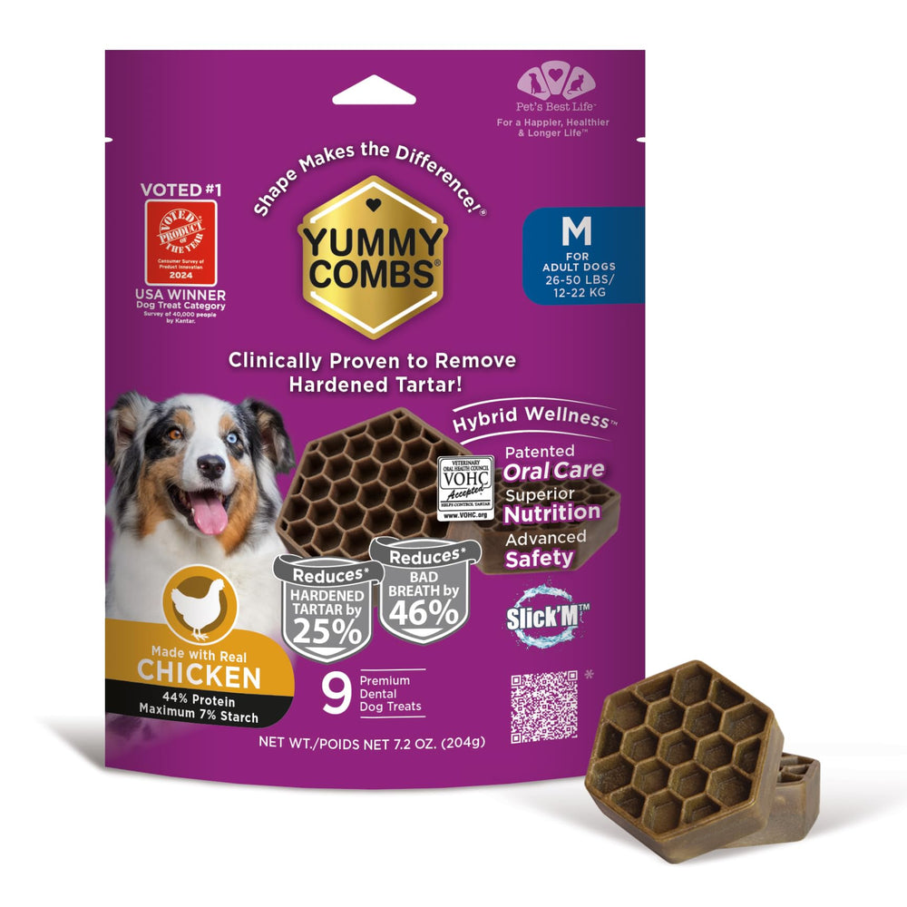 Yummy Combs dental treats package front with vet-approved tartar control.