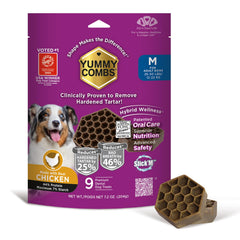 Yummy Combs dental treats package front with vet-approved tartar control.