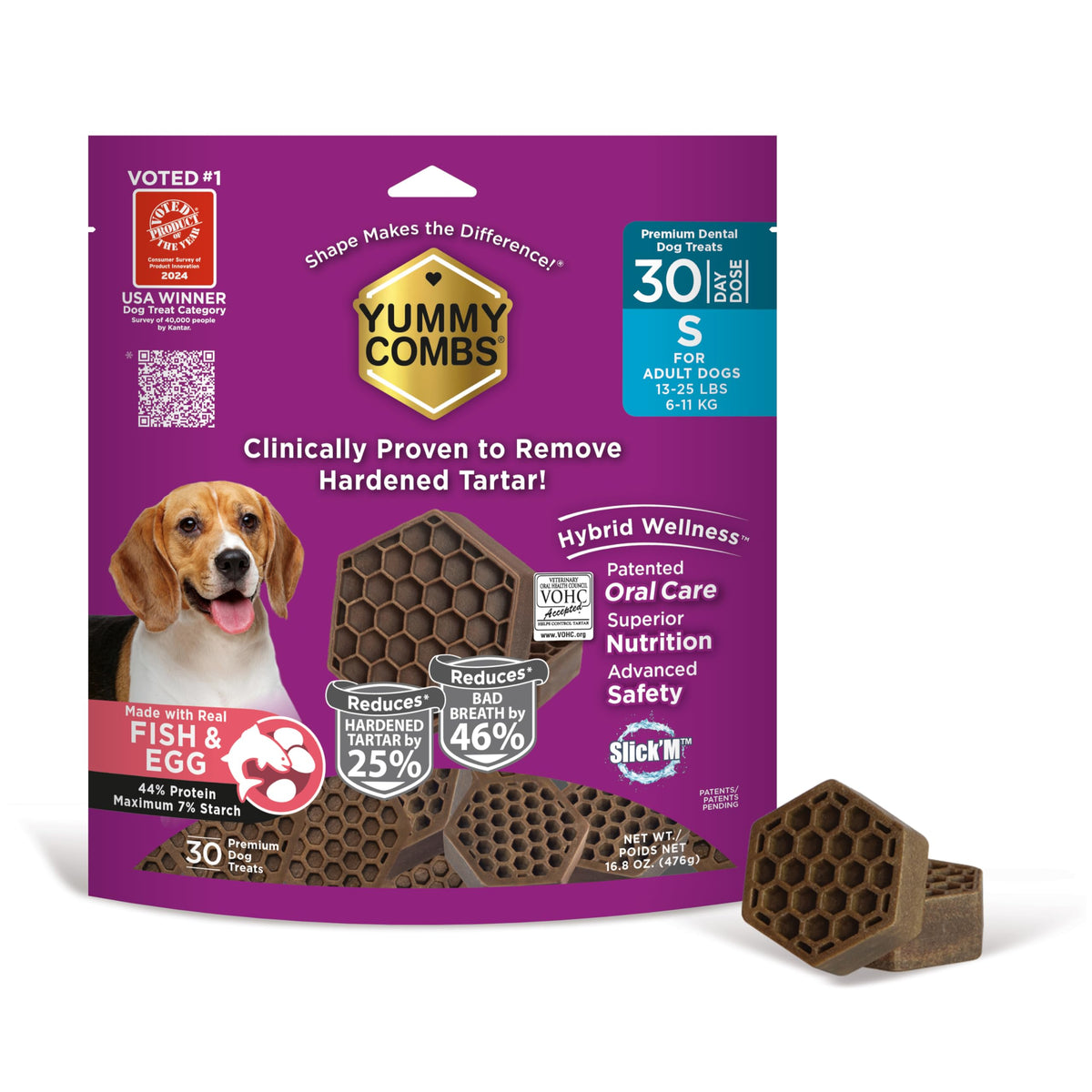 Yummy Combs VOHC-approved packaging highlights tartar control benefits.