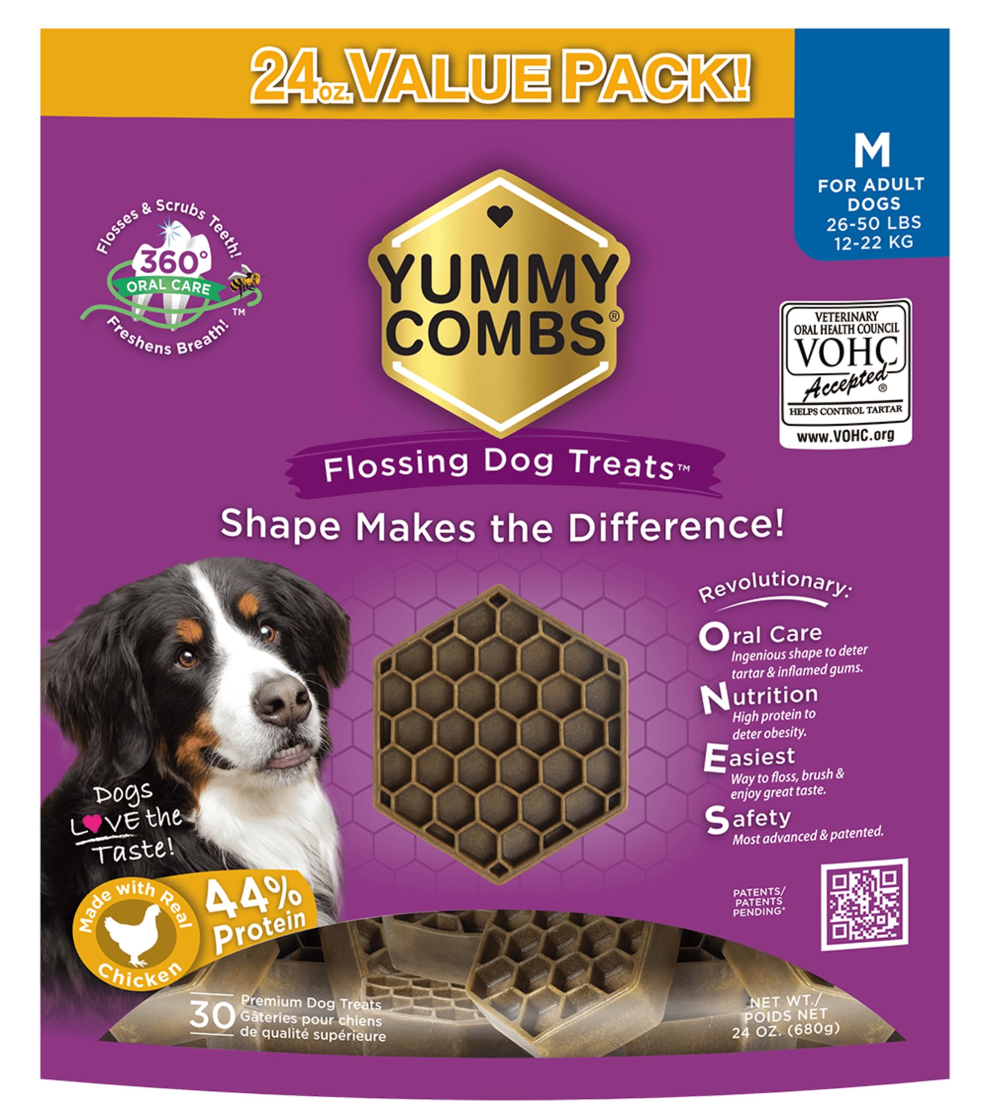 Yummy Combs honeycomb shape treats promote 360 cleaning action for thorough tooth contact