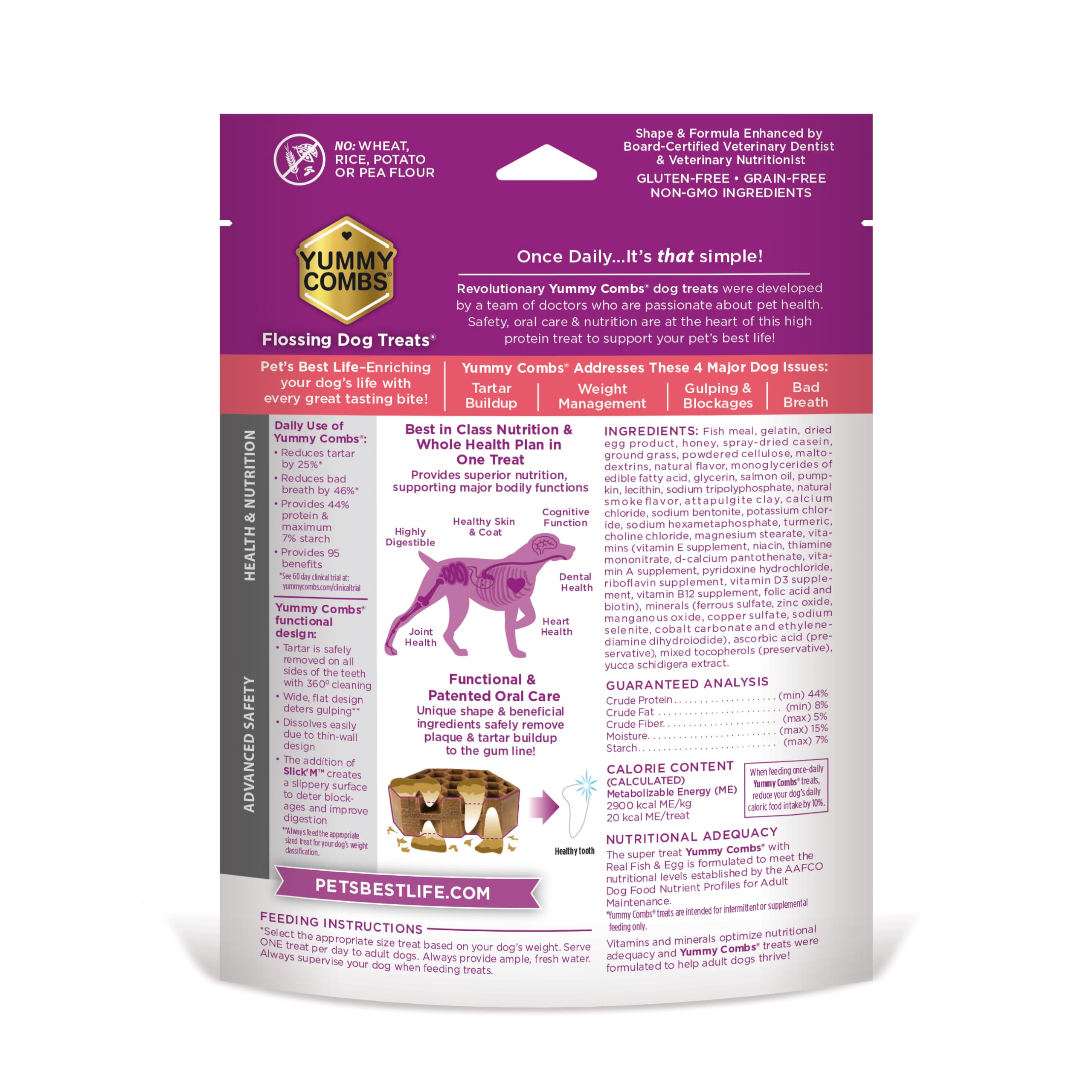 Yummy Combs packaging highlights 44% protein and 12 wellness ingredients.