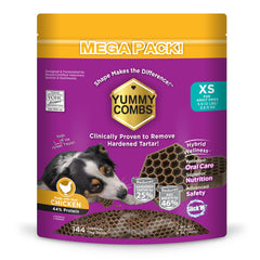 Yummy Combs packaging displays 144-count bag for daily dental care