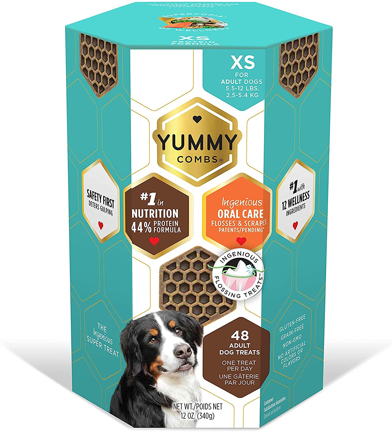 Yummy Combs packaging front shows the extra-small protein-based dog treats.