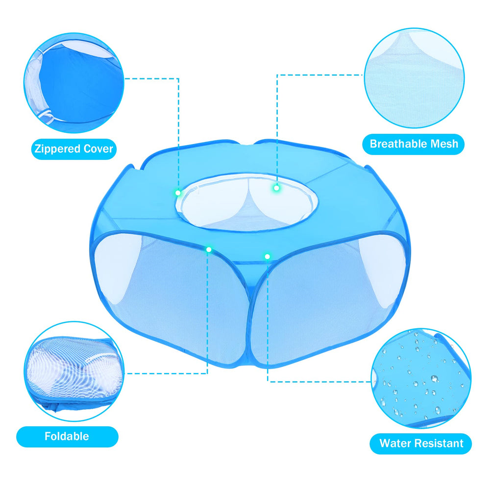 Blue playpen in automatic opening position, illustrating quick deployment.