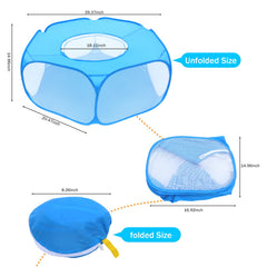 Close-up of blue foldable playpen highlighting breathable fabric and sturdy frame.