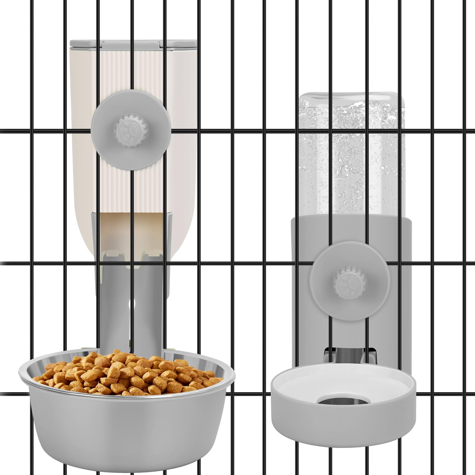 Yummy Sam hanging cage auto gravity feeder in gray attached to a crate for mess-free feeding