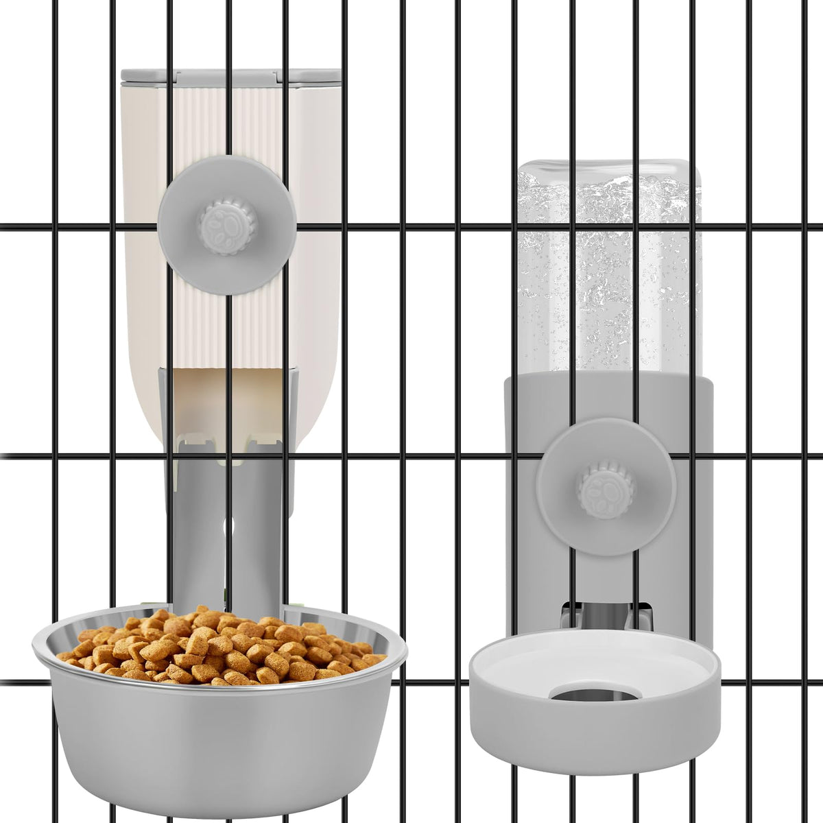Yummy Sam hanging cage auto gravity feeder in gray attached to a crate for mess-free feeding