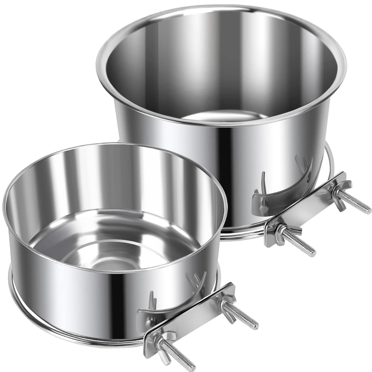 Yummy Sam clip-attachment dog bowl showing secure cage mounting for mess-free feeding.