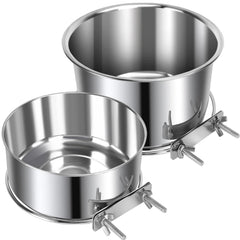 Yummy Sam clip-attachment dog bowl showing secure cage mounting for mess-free feeding.