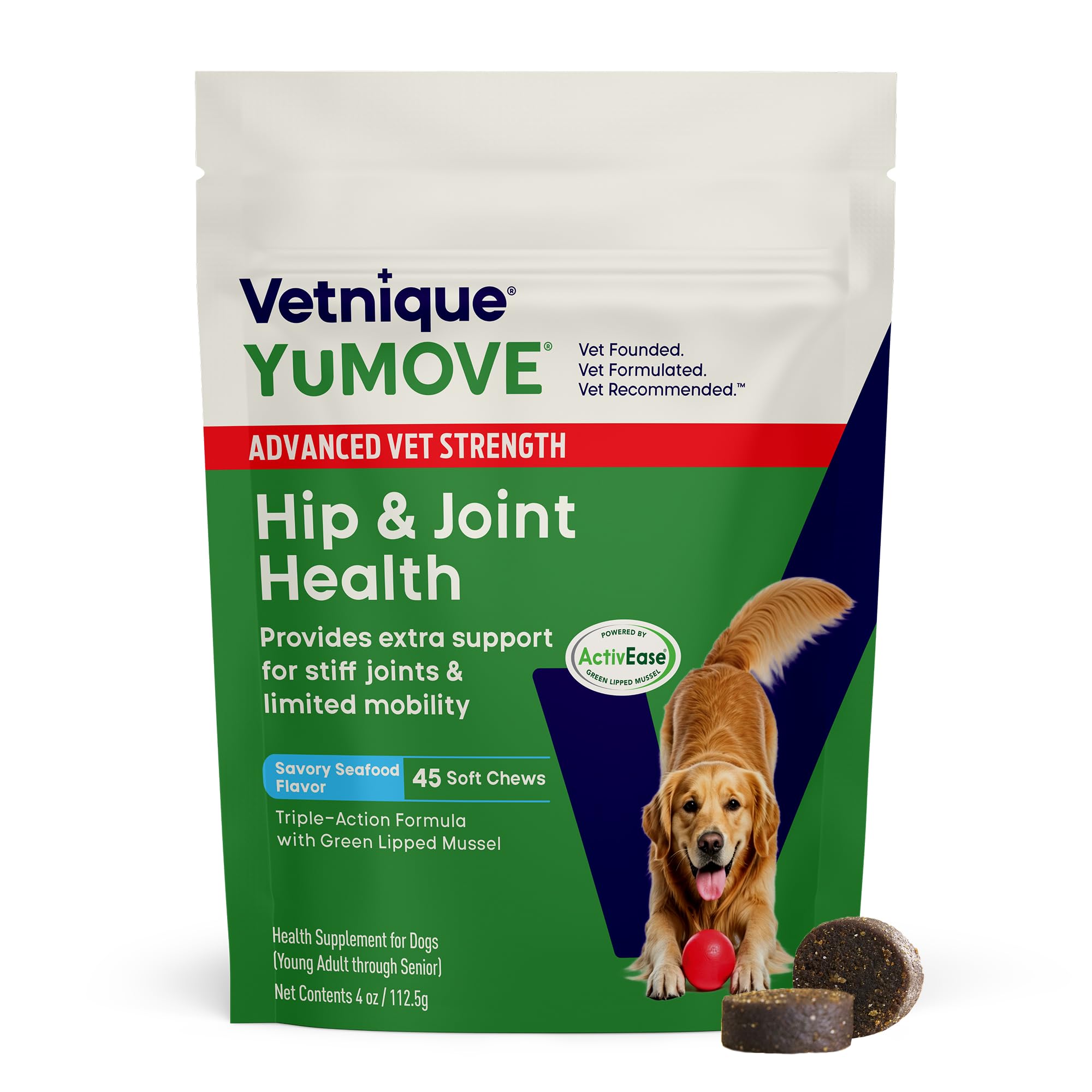 YuMOVE Advanced Vet Strength chews packaging shown for easy daily dosing to support joints.