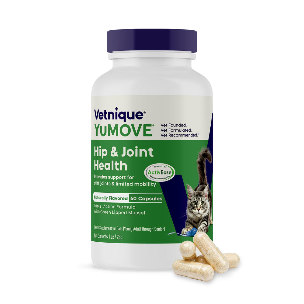 YuMOVE cat joint supplement bottle shows joint support packaging for seniors.