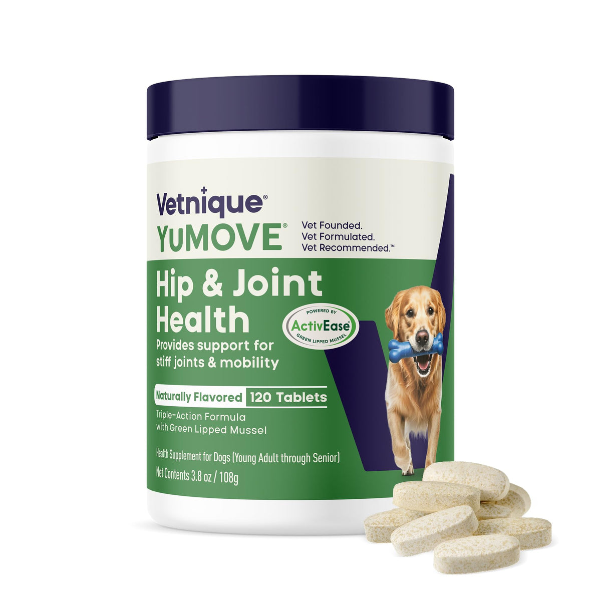 YuMOVE hip and joint bottle close-up highlighting easy daily dosing for dogs.