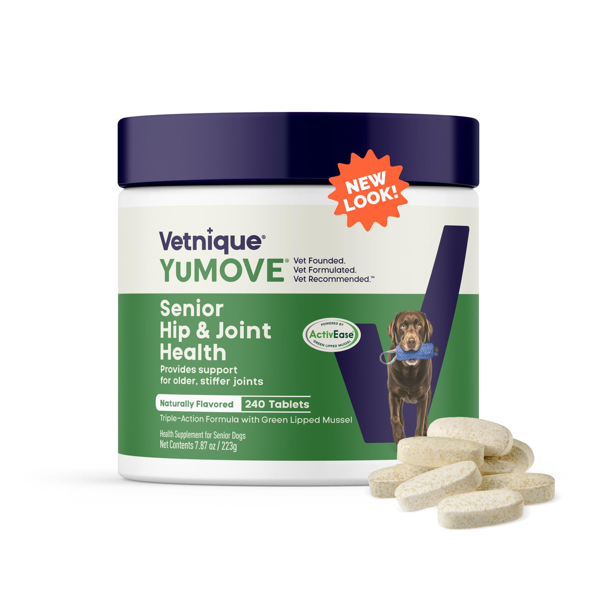 YuMOVE Senior bottle and pour showing easy to dispense chewables for aging dogs