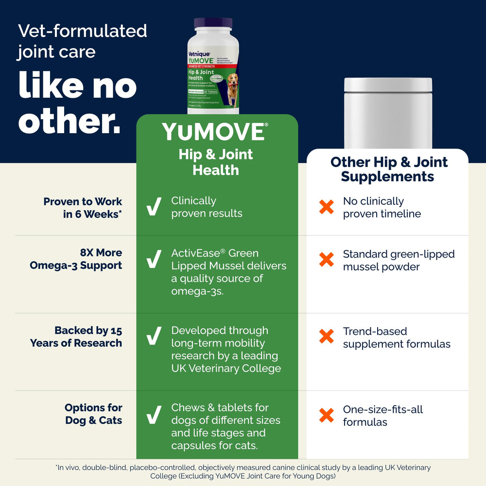 Picky eater-friendly YuMOVE chews fed as a treat for seniors.