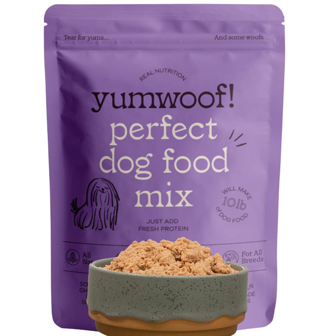 Yumwoof Perfect Dog Food Mix bag open showing grain-free blend for dogs
