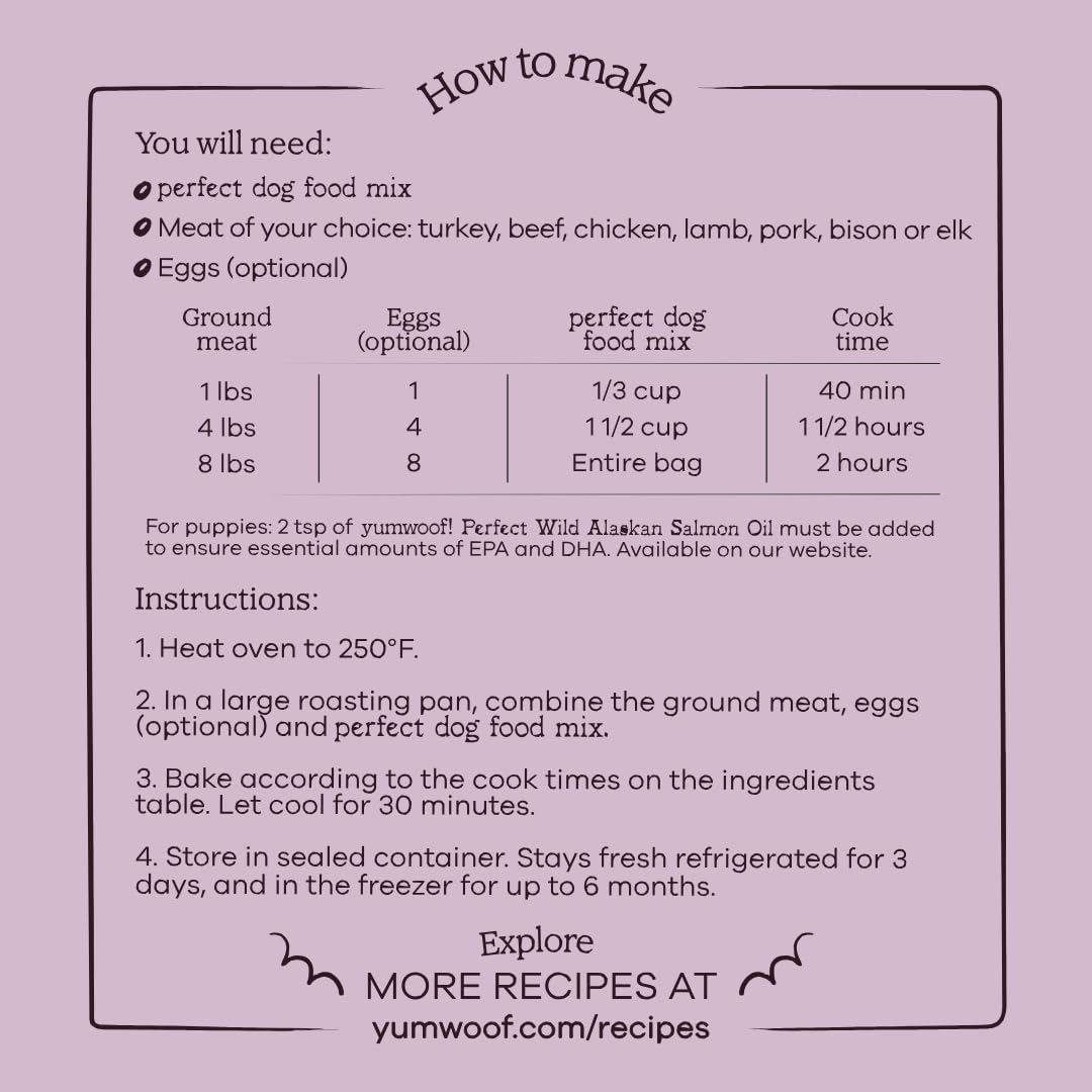 Yumwoof Perfect Dog Food Mix ingredients spread showcasing natural components for flavor