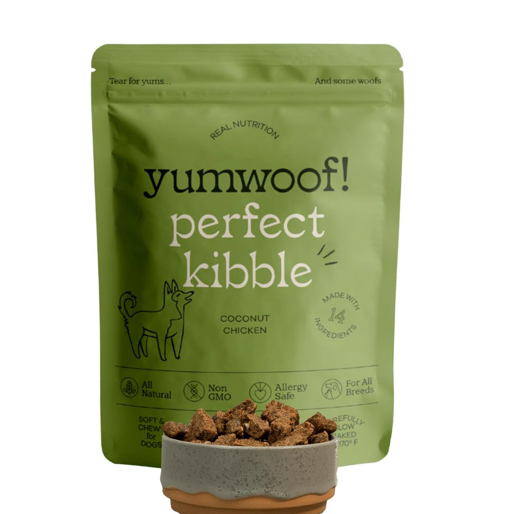 Yumwoof Perfect Kibble air-dried chicken bag, showcasing premium non-GMO ingredients.