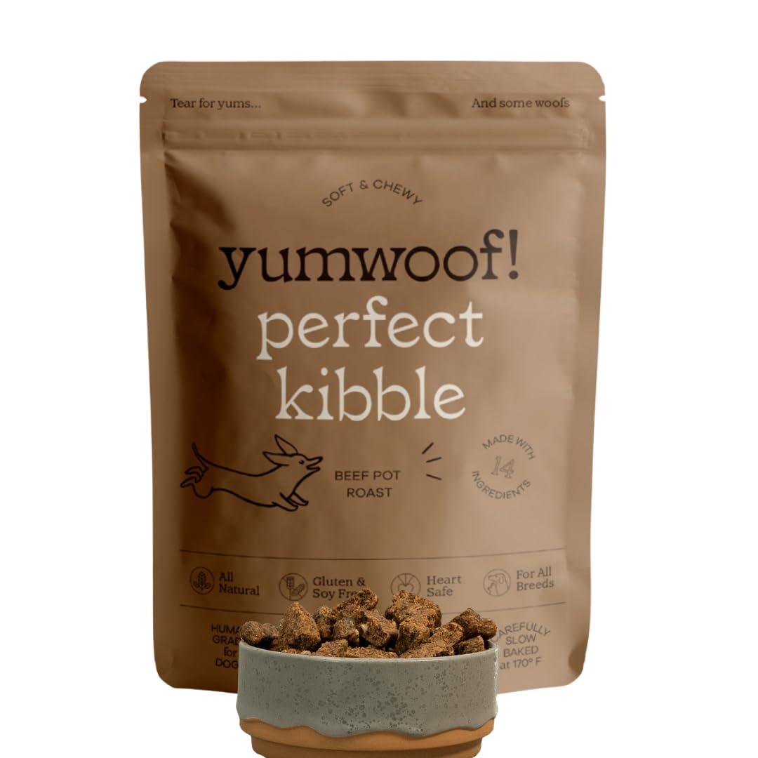 Yumwoof Perfect Kibble beef pieces in bag; convenient daily feeding.