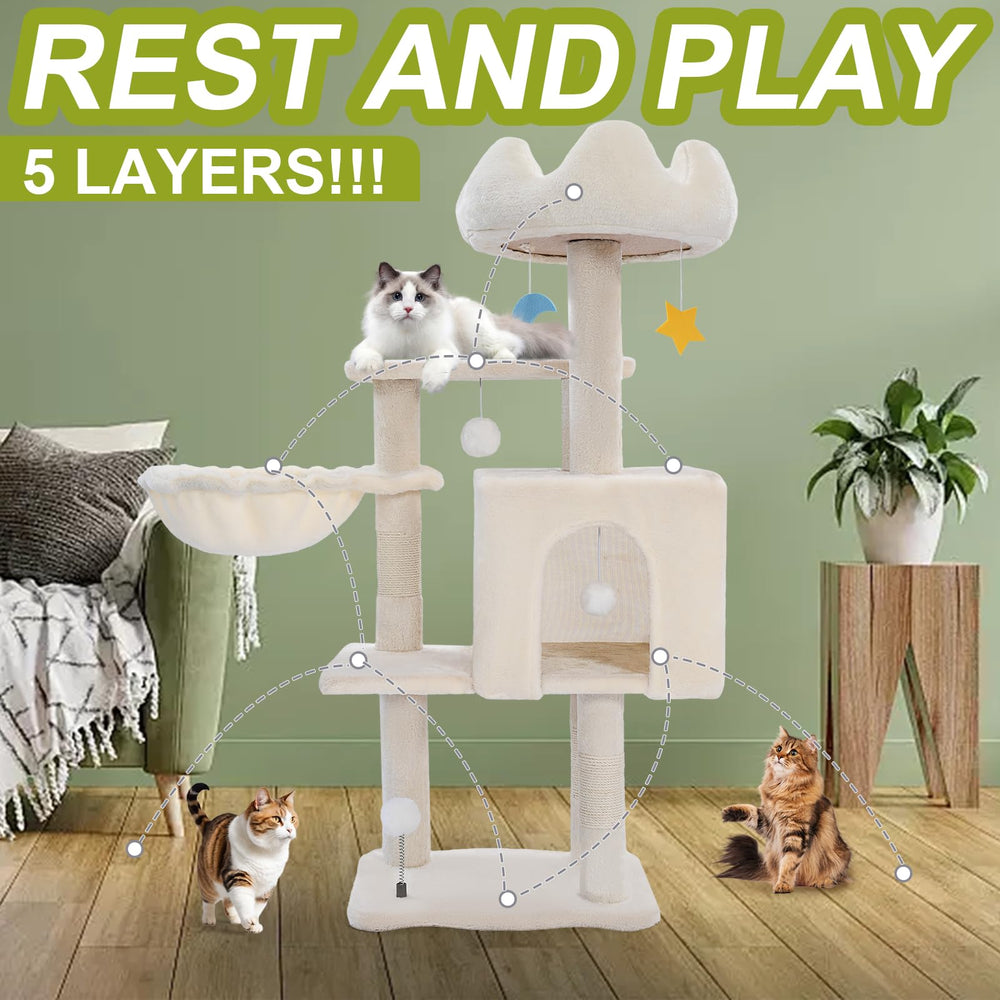 Yungaspy Cat Tree Tower with hammock cloud top perch invites lounging and naps.
