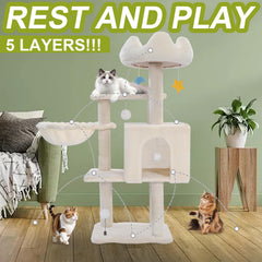 Yungaspy Cat Tree Tower with hammock cloud top perch invites lounging and naps.