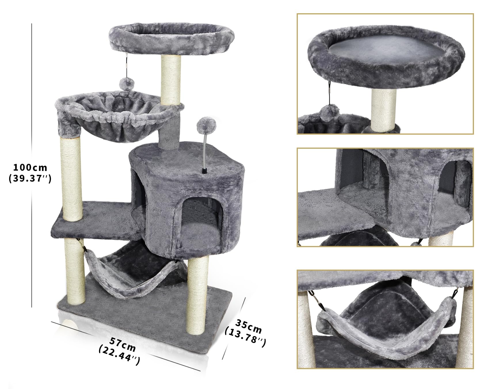 YUNIQUE Cat Tree hanging ball in grey for interactive play.