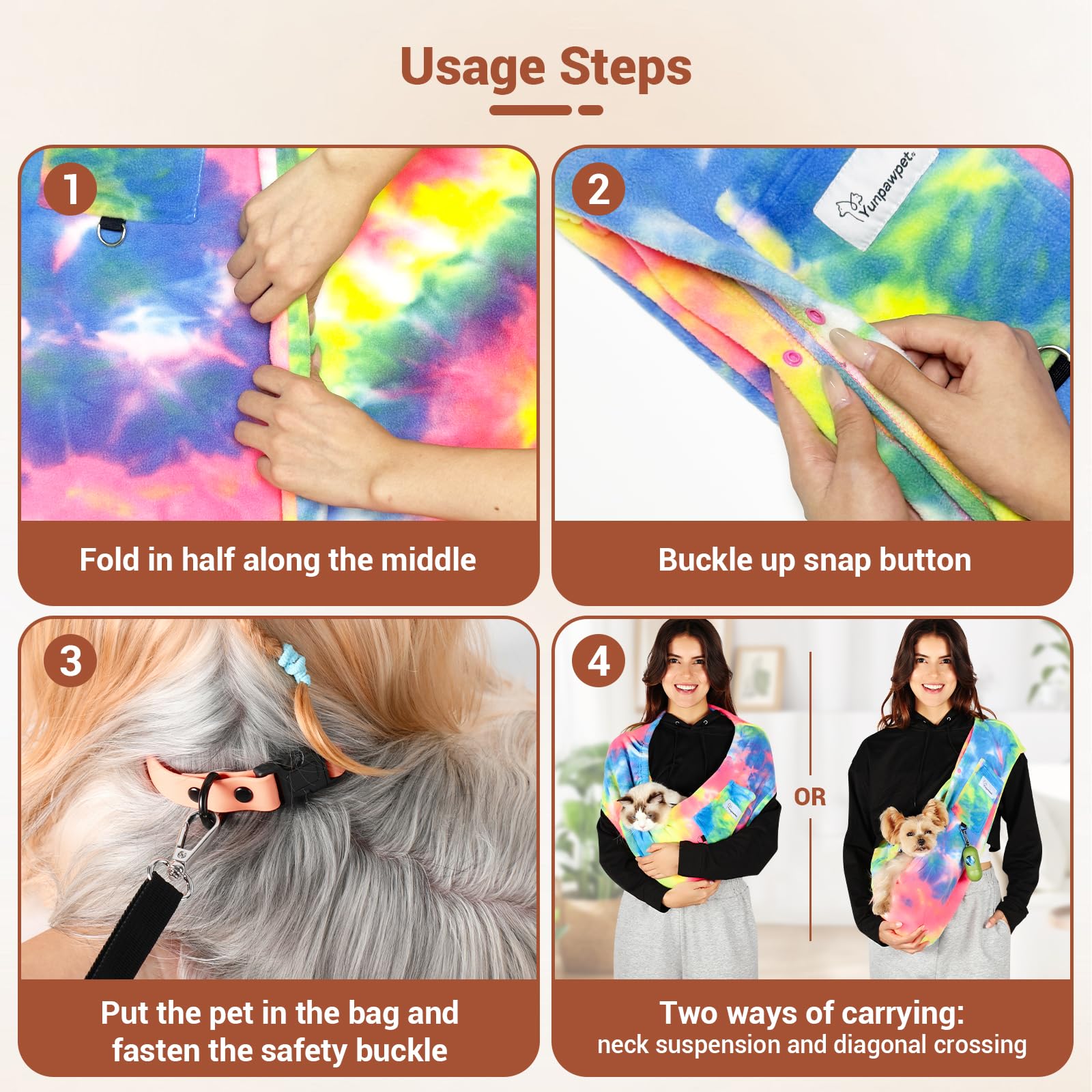 Yunpawpet Hands-Free Cat Sling supports pets 3-14 lbs during travel and everyday errands.