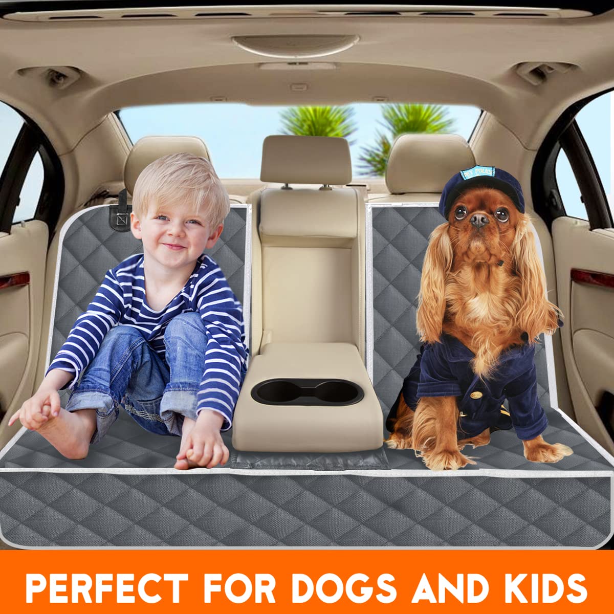 Yuntec dog car cover showing adjustable headrest straps for a secure fit