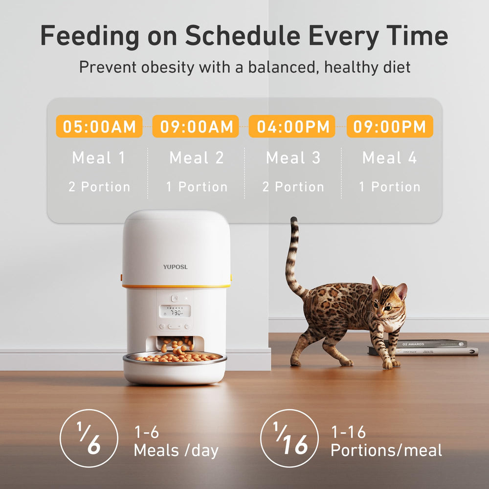 Yuposl automatic cat feeder with LCD panel for simple daily scheduling.