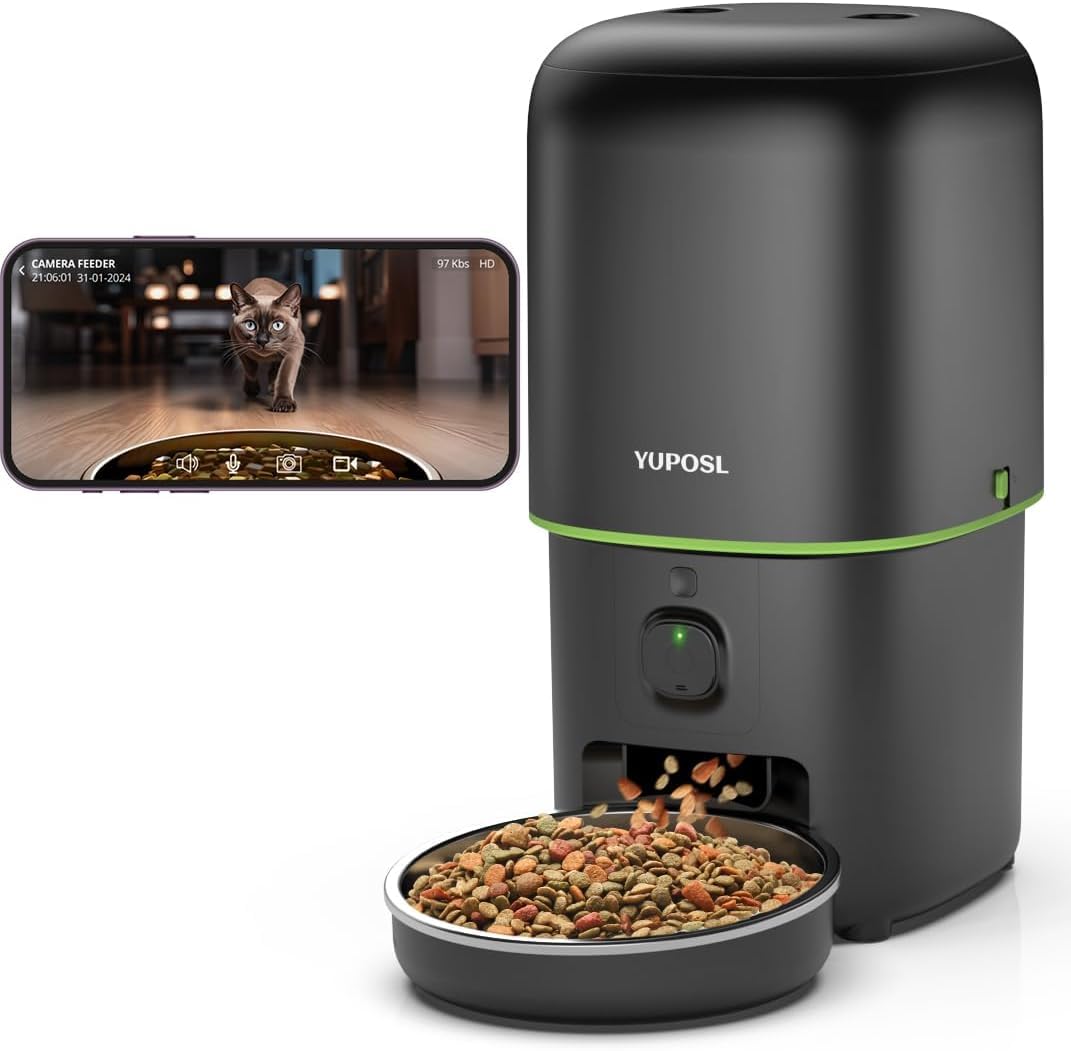 Yuposl Automatic Feeder camera front view for remote pet monitoring.