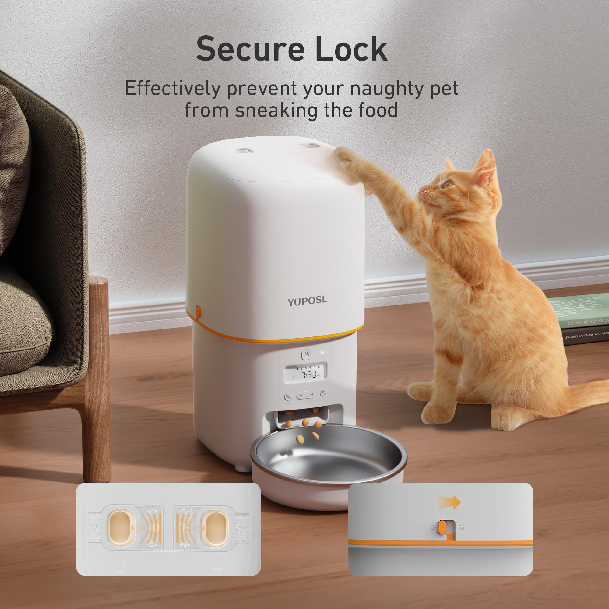 Yuposl spring lock lid prevents paw access to food outlet
