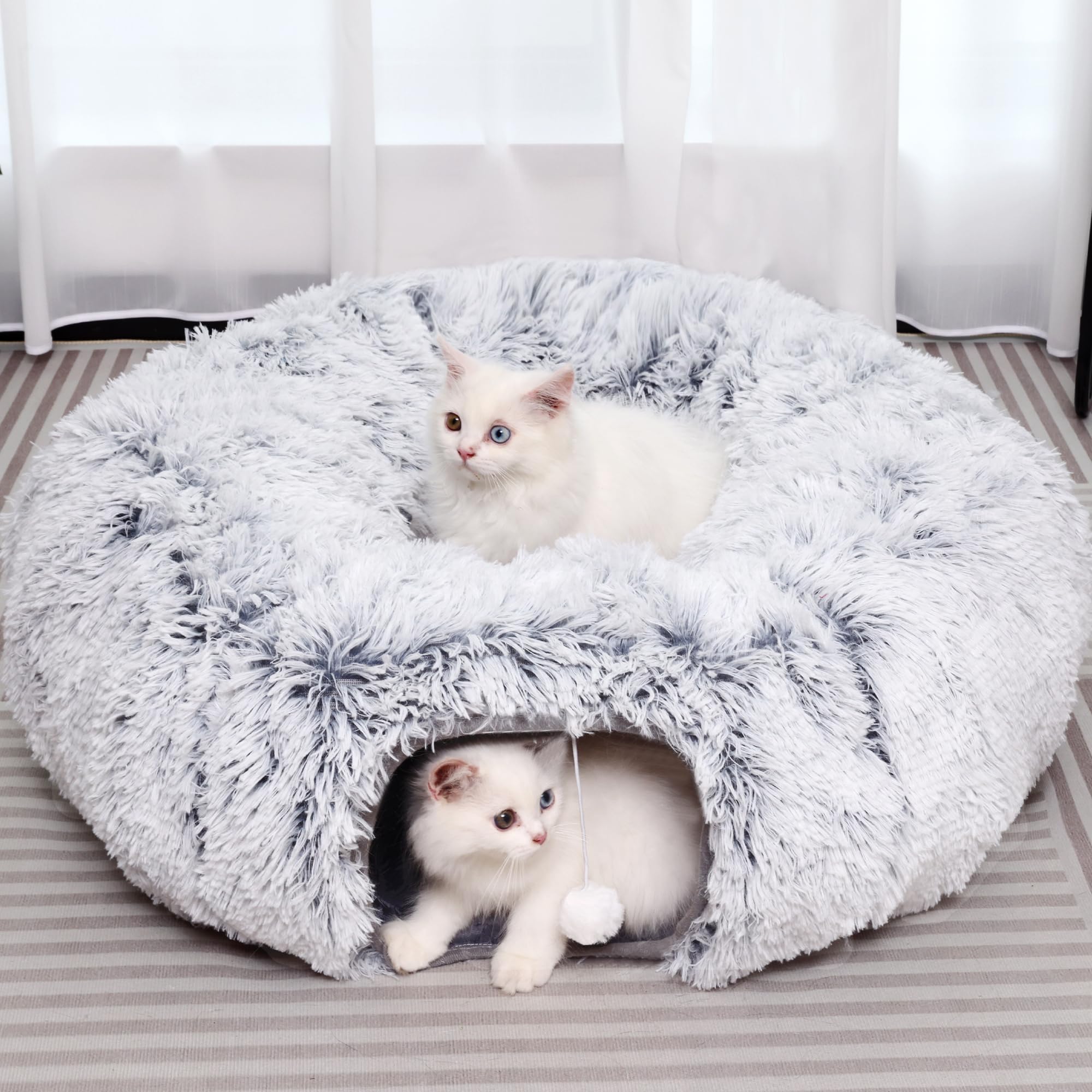 YUYAFN Plush Cat Tunnel Bed circle gray offers cozy play and nap space.