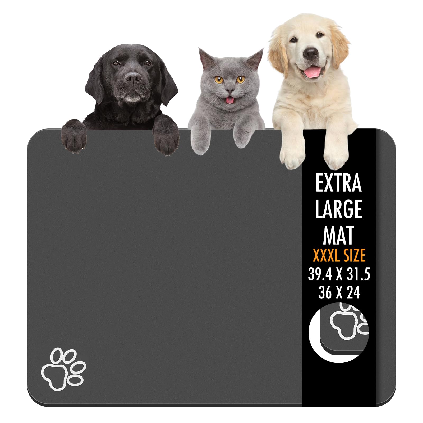 Yuzshin dog food mat 36x24 keeps spills contained and floors clean.