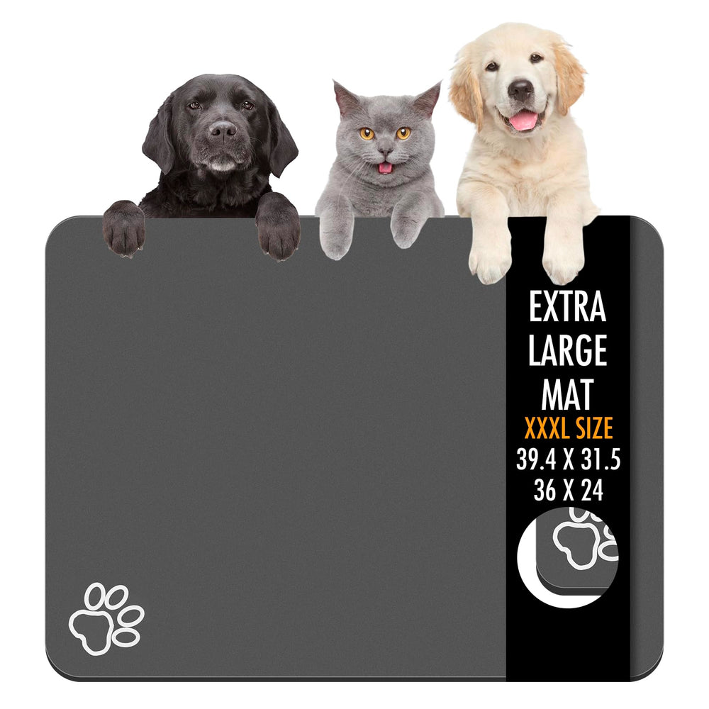 Yuzshin dog food mat with absorbent surface to prevent spills and keep floors clean.
