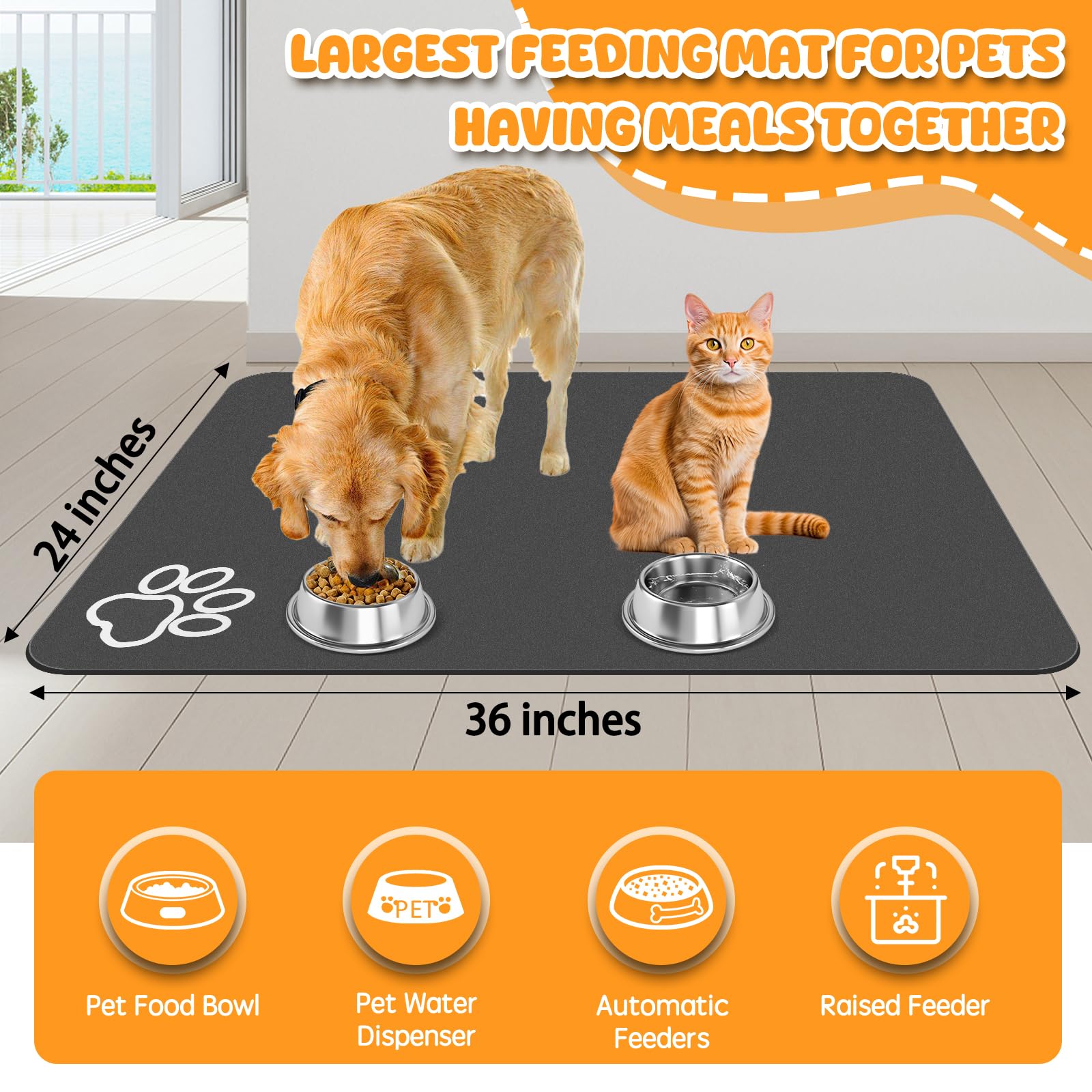Yuzshin dog water mat anti-slip backing prevents bowls from sliding.