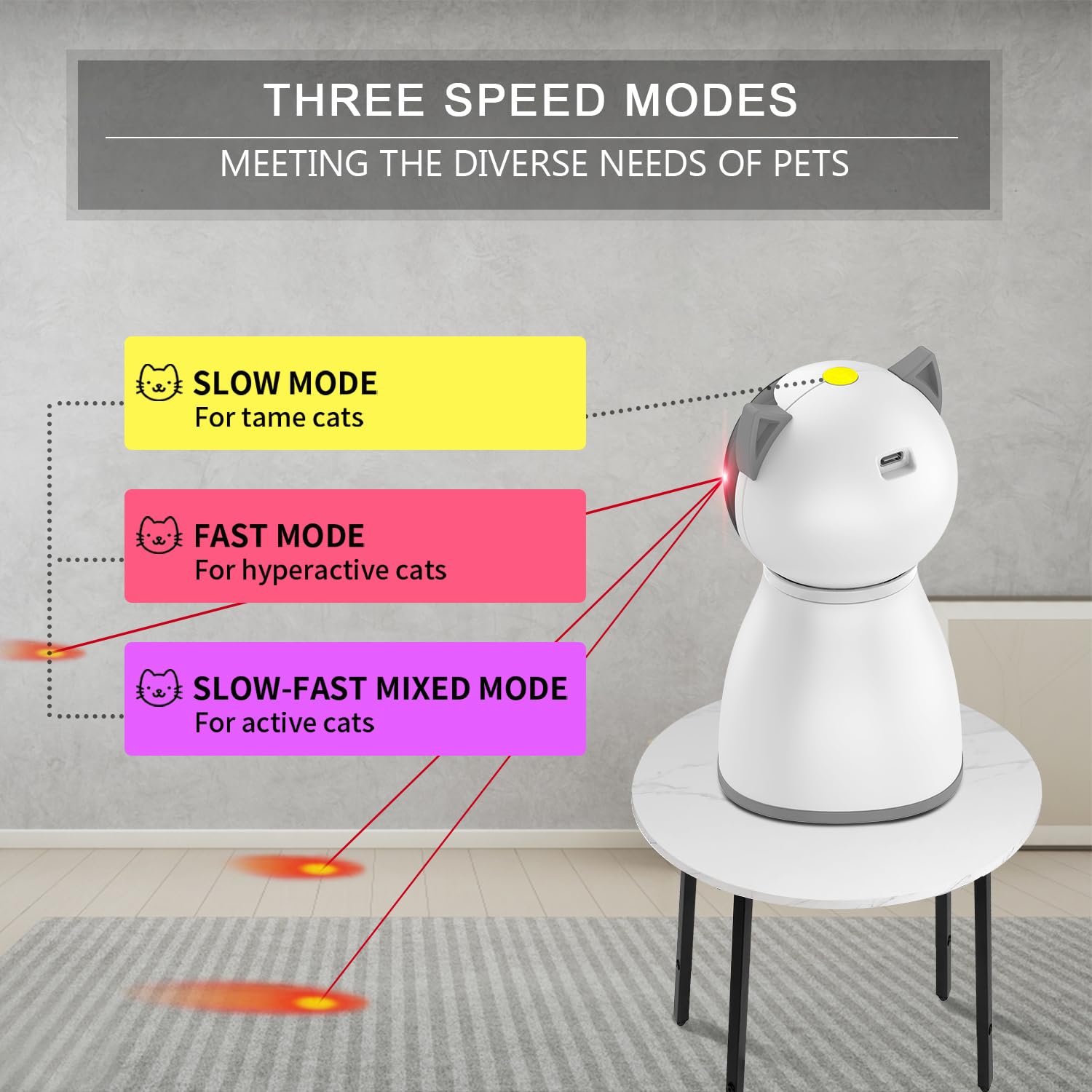 YVE LIFE laser cat toy with rechargeable USB battery enables up to two days of play.