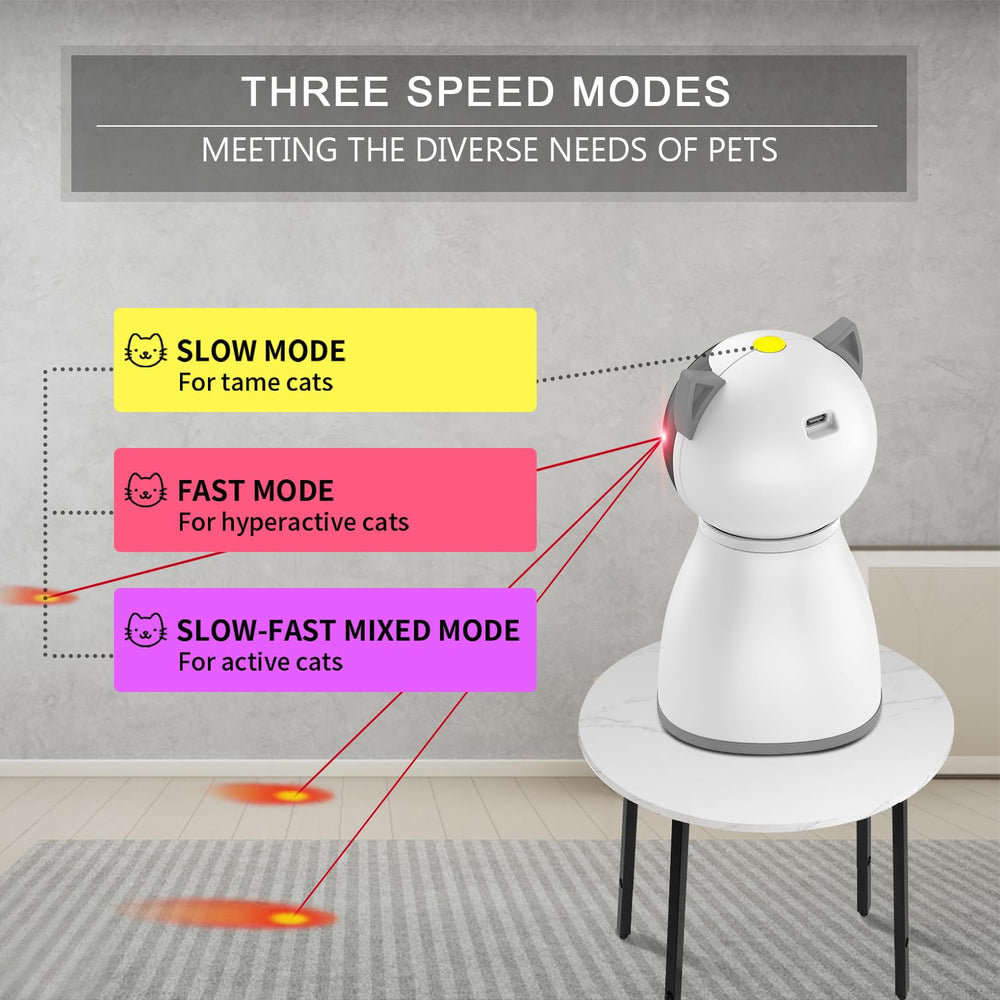 YVE LIFE laser cat toy with rechargeable USB battery enables up to two days of play.