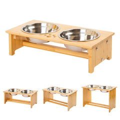 YY FOREYY raised pet bowls bamboo stand with two stainless bowls for stable meals.