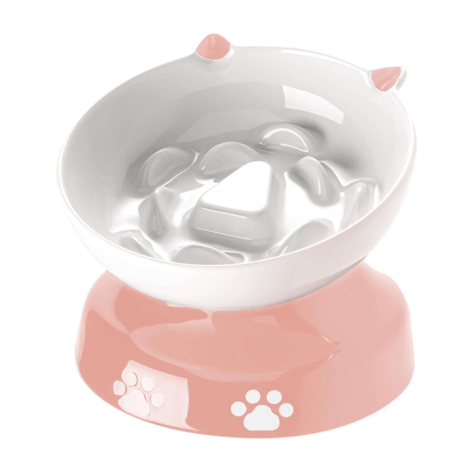 YYHY ceramic slow-feeder cat bowl with tilted pink design for paced meals.