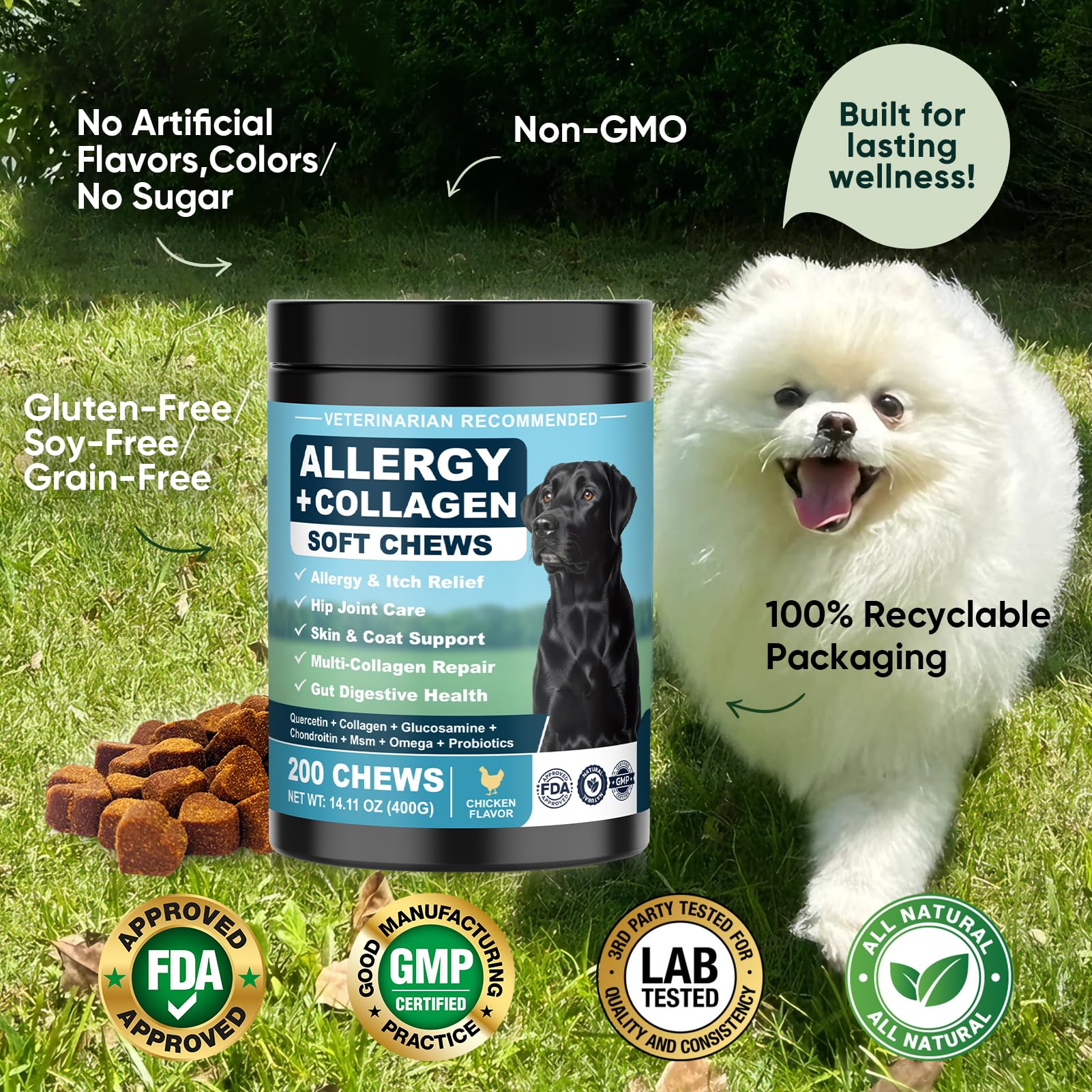 YYTKMY Dog Allergy Chews ingredients panel highlights multi-ingredient formula for balanced support