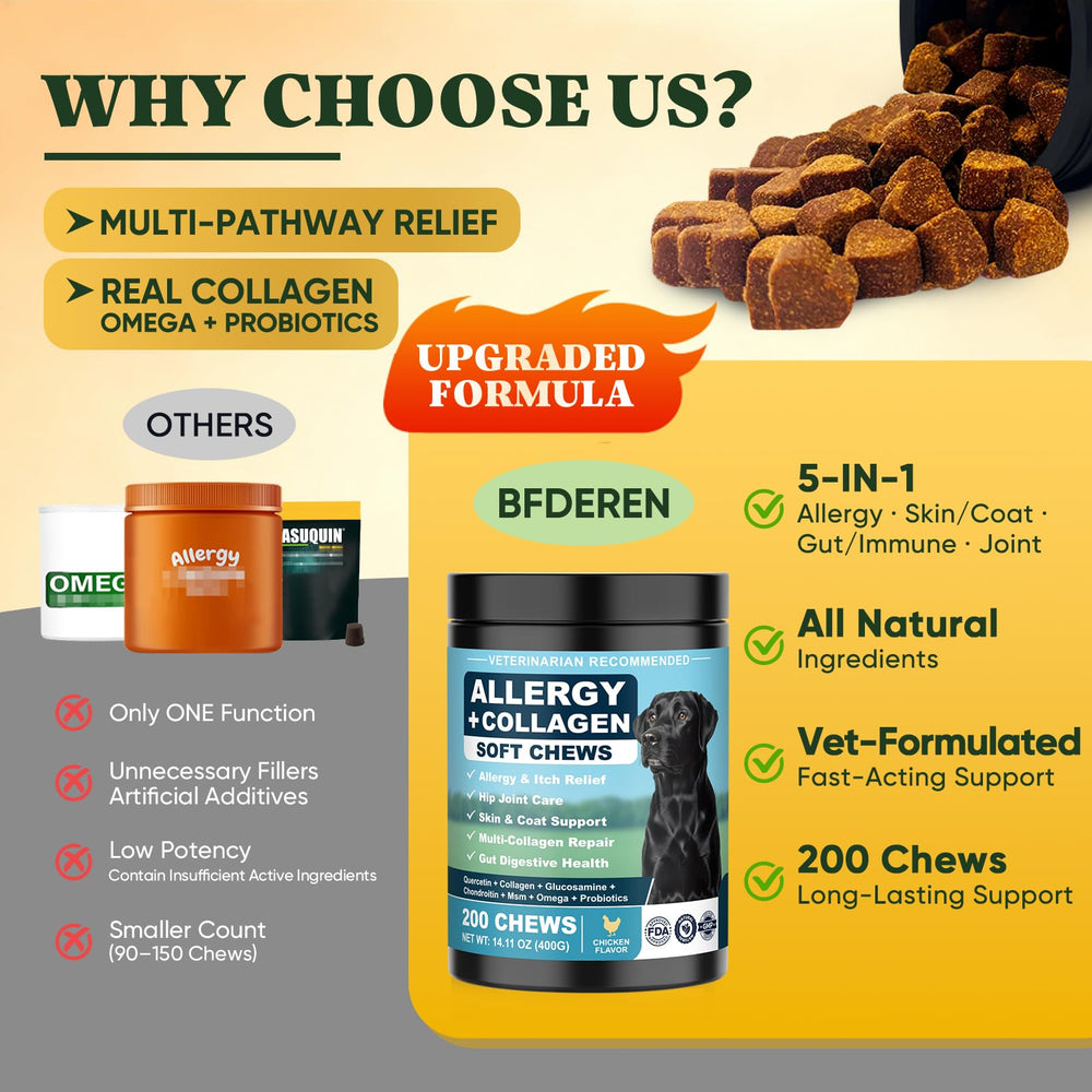 YYTKMY Dog Allergy Chews packaging front emphasizes grain-free, soy-free design