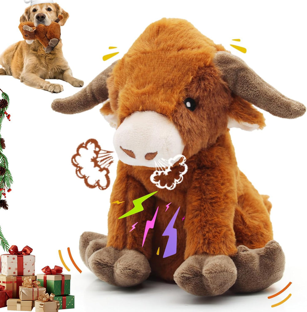 YZHDUXIU Highland Cow dog toy in plush fur for engaging play sessions.