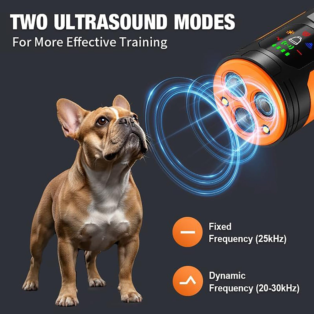 YZXCMFYL Sonic Bark Deterrent side panel showing easy adjustable settings for sensitive dogs.