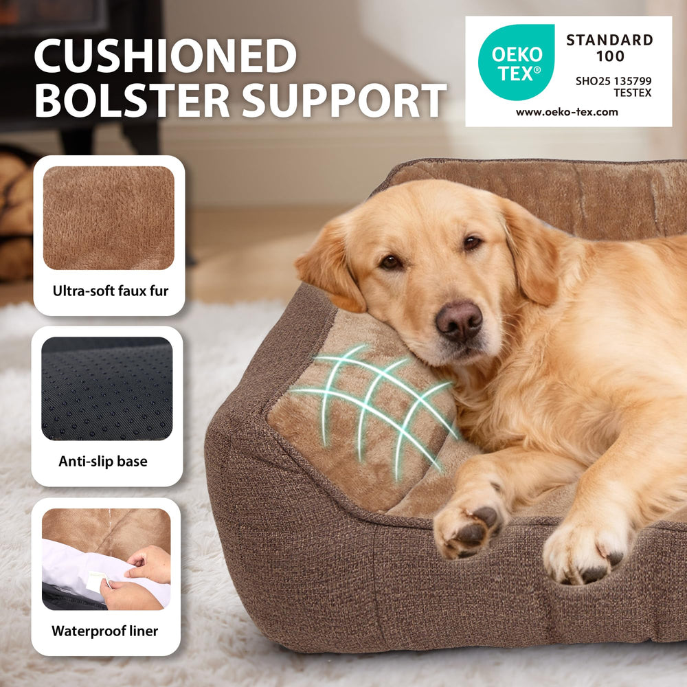ZAKAPAWS Orthopedic Dog Bed headrest closeup highlighting supportive 3-sided bolsters for neck comfort.